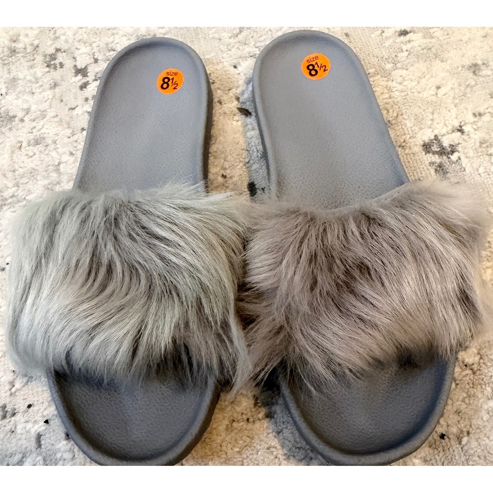 UGG Women Grey Fluff Slides Faux Fur Slip On Sandals Size 8.5